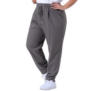 Plus Size Straight Leg Drawstring Elastic Trousers with Pockets Grey